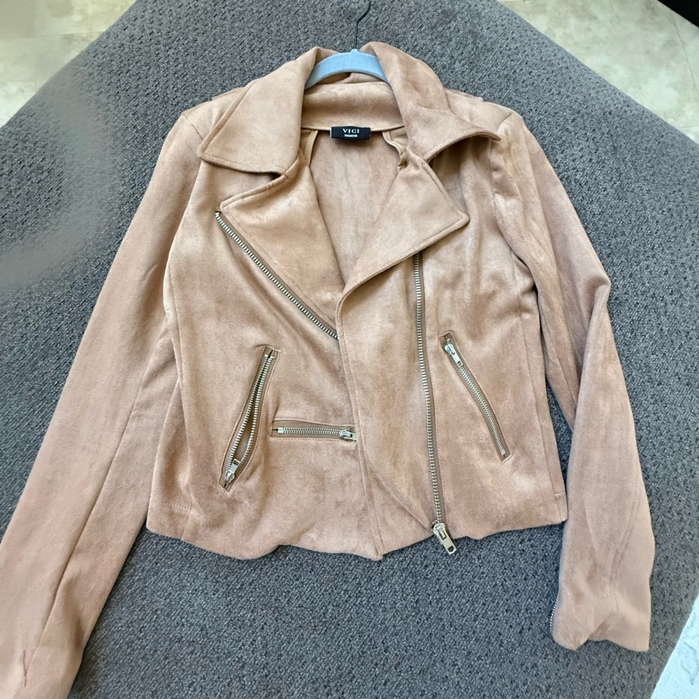 VICI Taupe Suede Moto Jacket with Zipper Details
